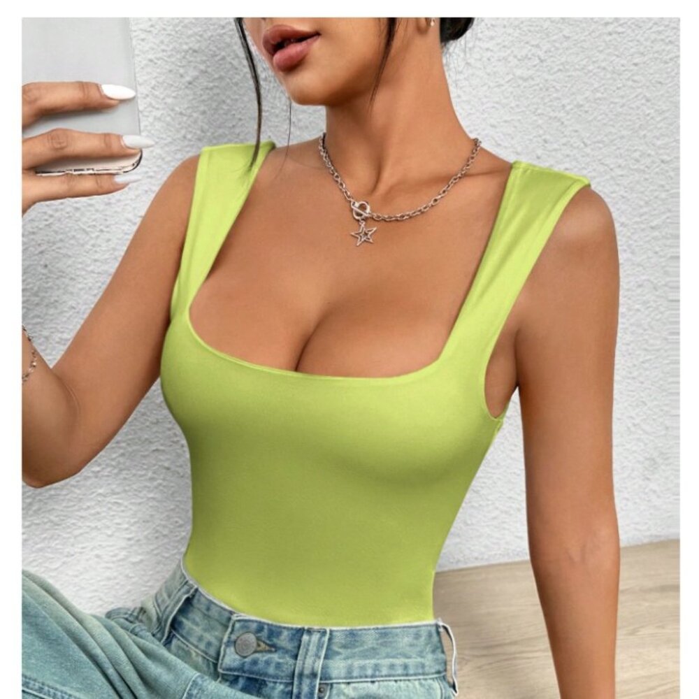 NWT Petite Solid Square Neck Tank Lime Green Bodysuit Size Large - Picture 4 of 8